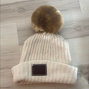 Love Your Melon Cream Knit Beanie with Faux Fur Pom